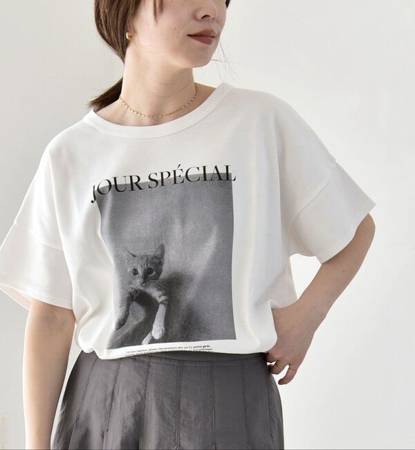 quaranciel「《予約》quaranciel:〈接触冷感/汗染み防止加工/洗濯機可能〉CAT プリント TEE」|Tシャツ・カットソー|ホワイト系1