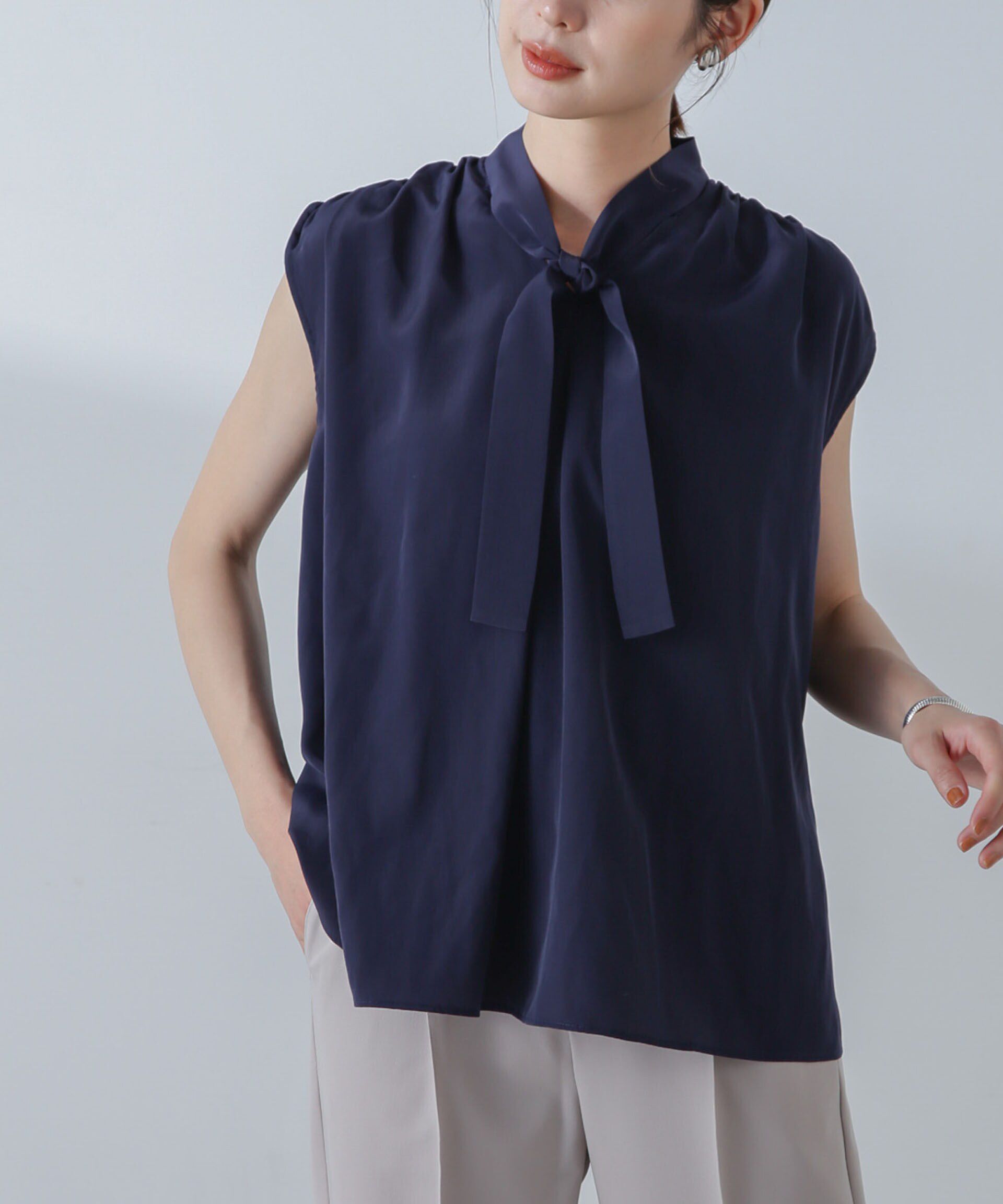 nano･universe「ショルダーギャザーボウタイブラウス」|シャツ・ブラウス|ネイビー