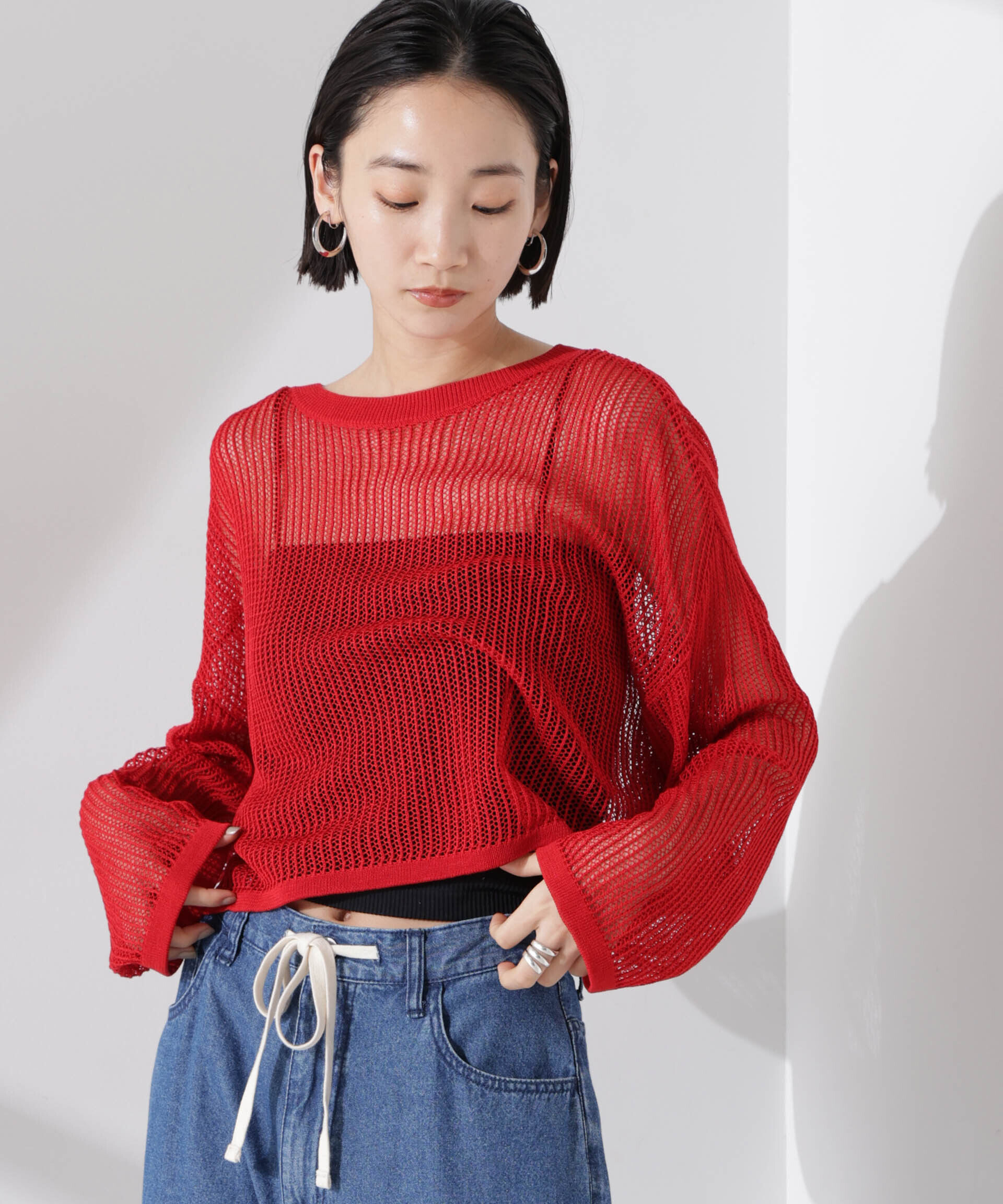 nano･universe「クロップドメッシュニットトップス」|ニット・セーター|レッド