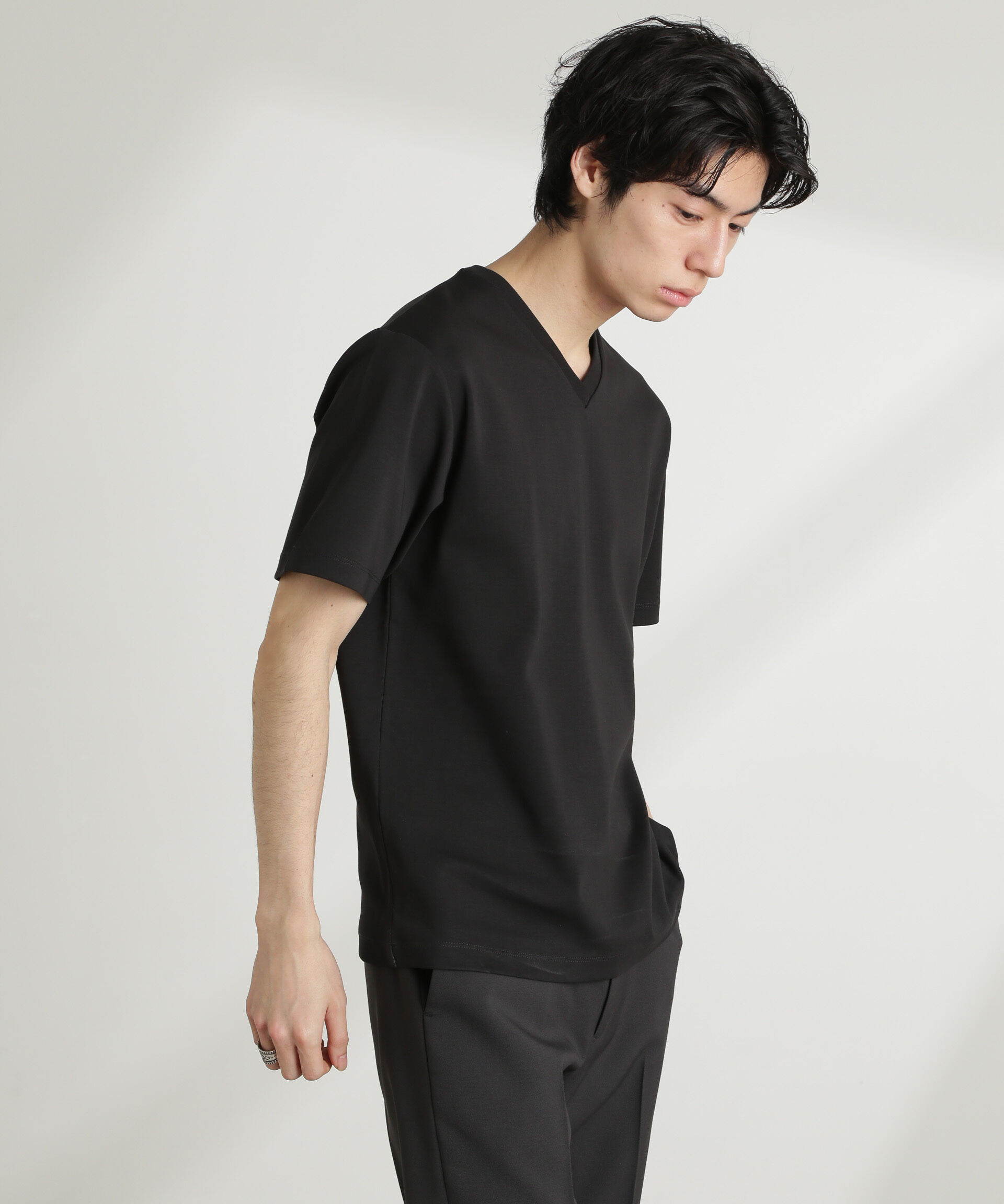 nano･universe「ダブルスムースVネックTシャツ 半袖」|Tシャツ・カットソー|ブラック