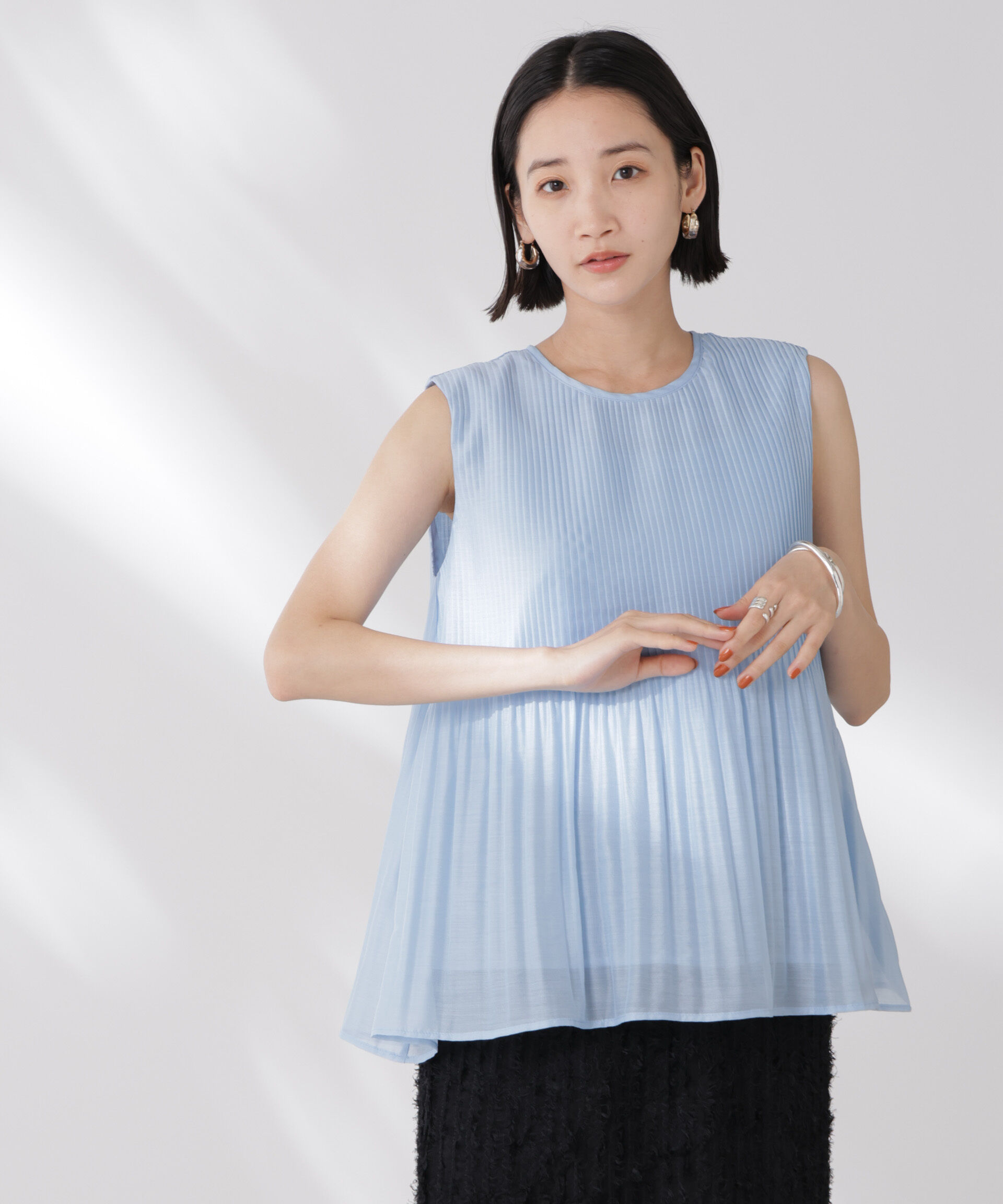 nano･universe「ノースリーブプリーツブラウス」|シャツ・ブラウス|ブルー