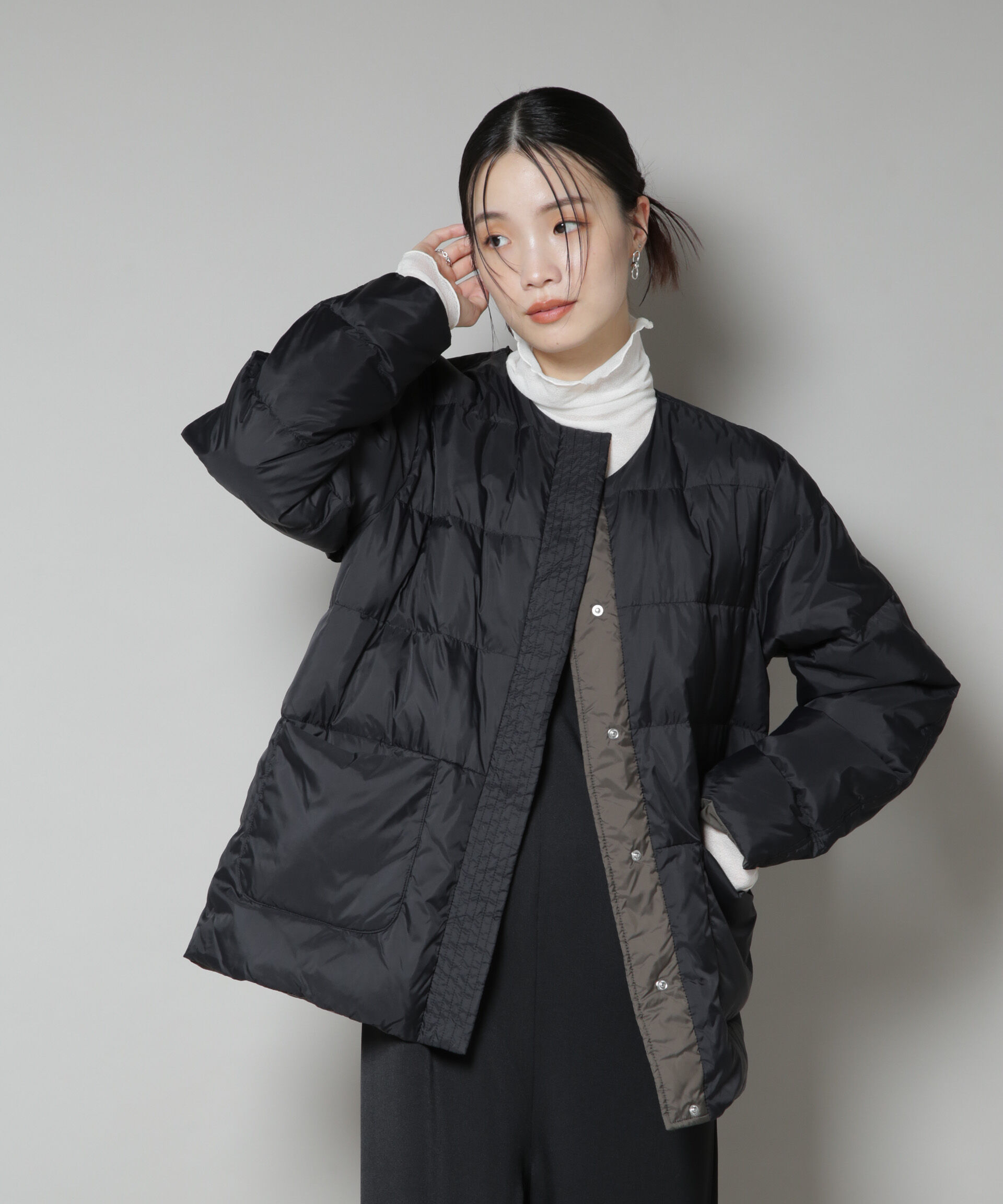 nano･universe「撥水加工ライトダウン リバーシブルノーカラージャケット」|ダウン|