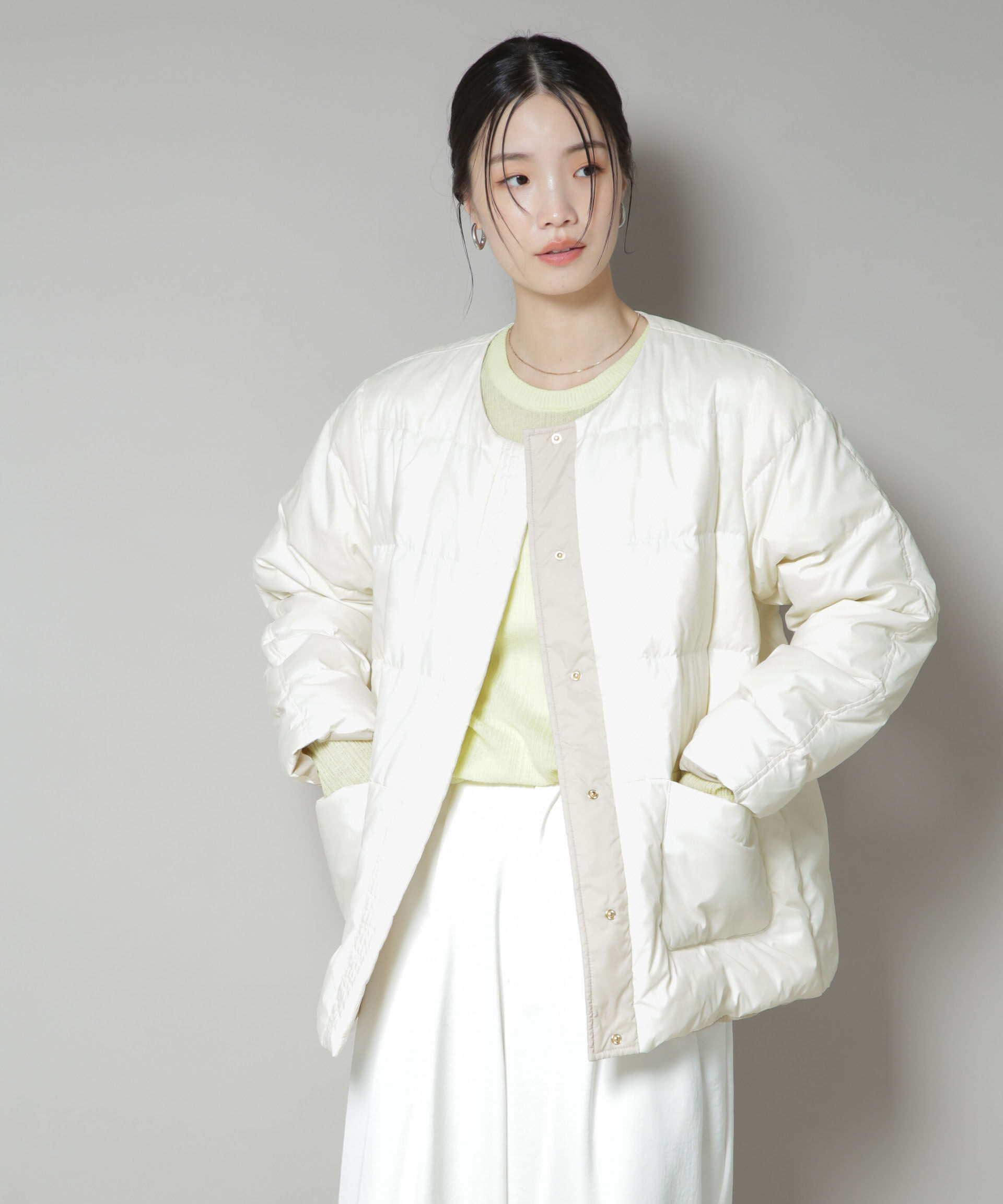 nano･universe「撥水加工ライトダウン リバーシブルノーカラージャケット」|ダウン|