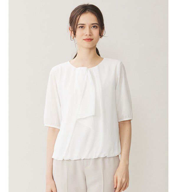 自由区「【洗える】ロイヤルシフォンドレープタイ半袖 ブラウス」|シャツ・ブラウス|オフホワイト