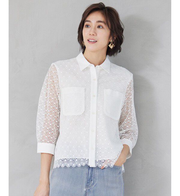 自由区「【SHIHOさん着用・洗える】ジオメトリックフラワーレースクロップド丈シャツ ブラウス」|シャツ・ブラウス|オフ