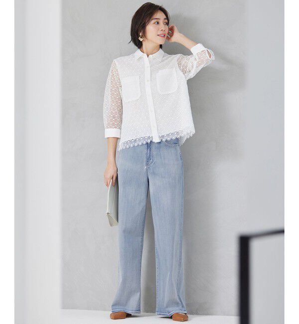 自由区「【SHIHOさん着用・洗える】ジオメトリックフラワーレースクロップド丈シャツ ブラウス」|シャツ・ブラウス|