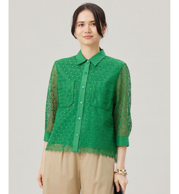 自由区「【SHIHOさん着用・洗える】ジオメトリックフラワーレースクロップド丈シャツ ブラウス」|シャツ・ブラウス|グリーン