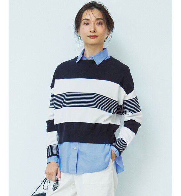 23区「【洗える】コットンポリエステルストレッチ ショート ニット」|ニット・セーター|ネイビー&times;オフ