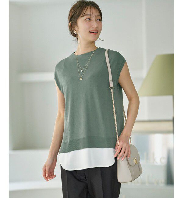 any SiS「【洗える】フレンチスリーブシャツテール ニット」|ニット・セーター|グリーン