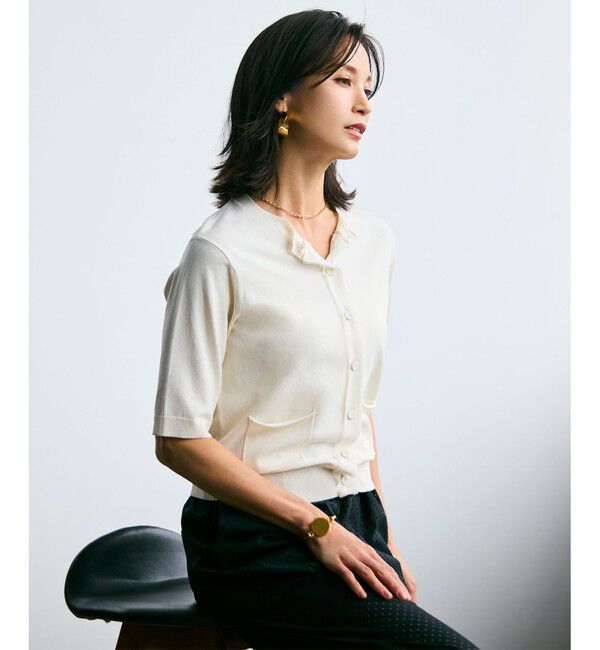 BEIGE,「【洗える】VALOIS / ジョーゼットトリム半袖カーディガン」|ニット・セーター|