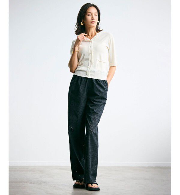 BEIGE,「【洗える】VALOIS / ジョーゼットトリム半袖カーディガン」|ニット・セーター|