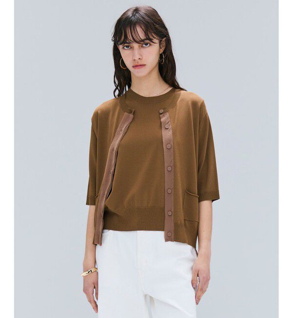 BEIGE,「【洗える】VALOIS / ジョーゼットトリム半袖カーディガン」|ニット・セーター|Brown