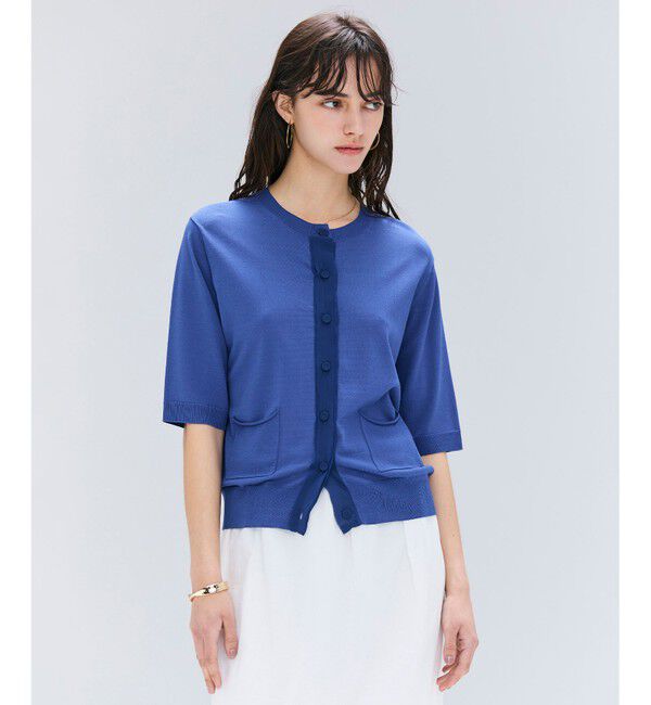 BEIGE,「【洗える】VALOIS / ジョーゼットトリム半袖カーディガン」|ニット・セーター|Blue