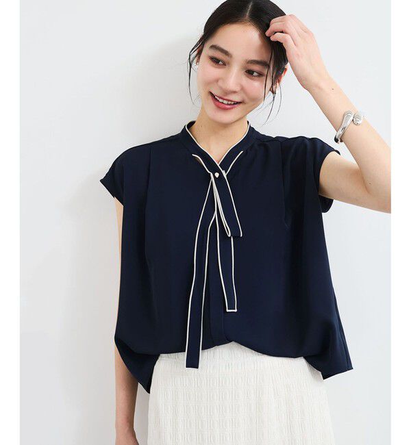 VIS「【接触冷感】配色ボウタイタックブラウス」|シャツ・ブラウス|ネイビー(40)