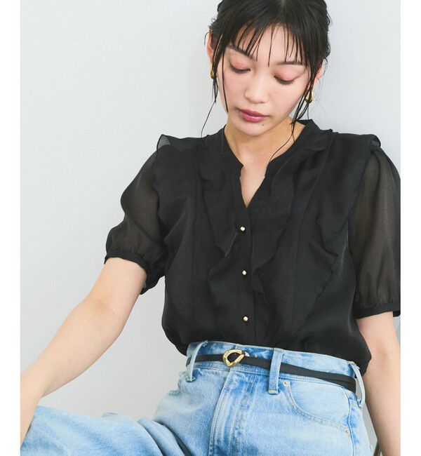 VIS「【洗える】シアーラッフル半袖ブラウス」|シャツ・ブラウス|ブラック(01)