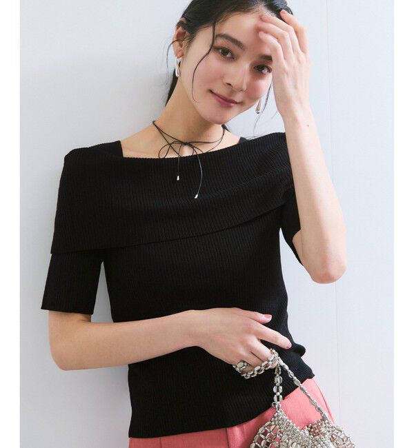 VIS「【アンチピリング/UVケア/洗える】オフショルハーフスリーブニット」|ニット・セーター|ブラック(01)