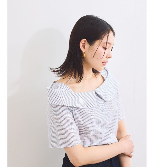 VIS「【防シワ】ラメミックスオフショルダー風ストライプシャツ」|シャツ・ブラウス|