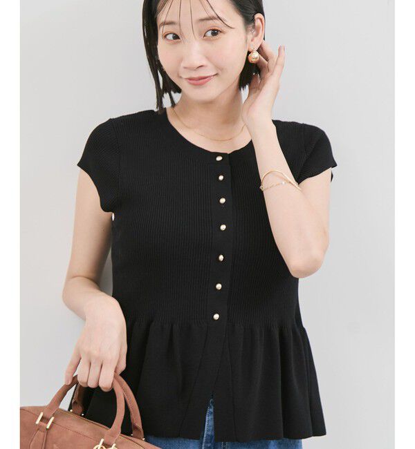 VIS「【アンチピリング/洗える】美SMARTショートスリーブペプラムニット」|ニット・セーター|ブラック(01)