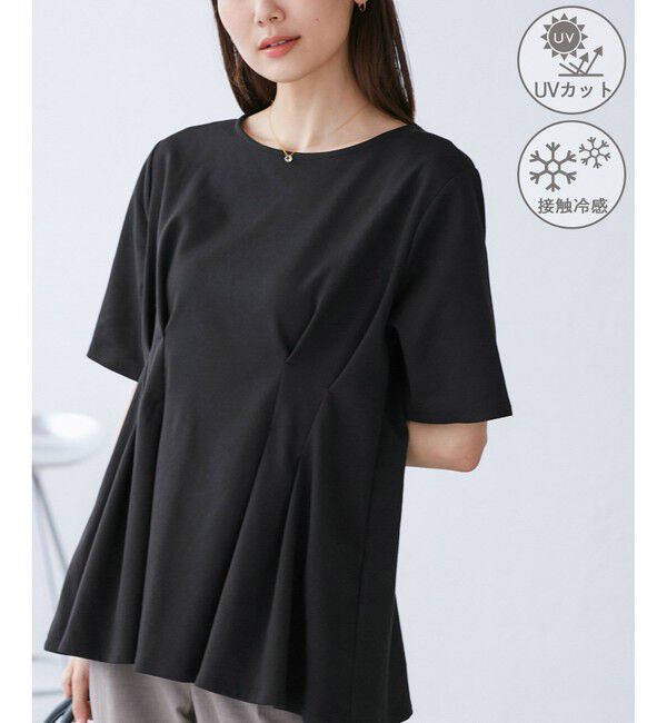 Rope&rsquo;Picnic「(接触冷感&times;UVカット)ウエストタックペプラムトップス」|Tシャツ・カットソー|ブラック(01)
