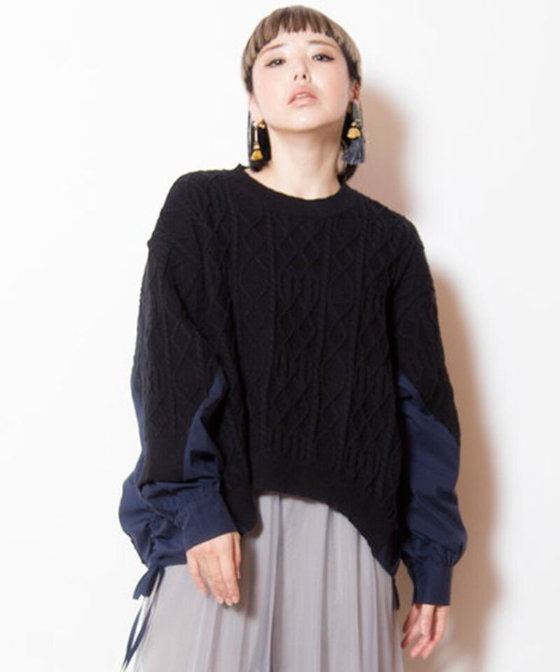  「ケーブル編切替ニットプルオーバー」|ニット・セーター|BLACK