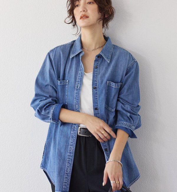  「【RIMH（リムエイチ）】ショルダーパッドロングシャツ」|シャツ・ブラウス|ブルー