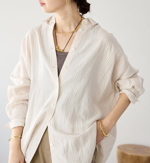  「予約【女性らしい抜け感】リネン混ストライプシャツ」|シャツ・ブラウス|