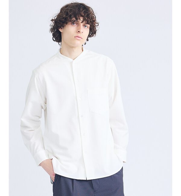 ABAHOUSE「デニムライク シャンブレー カラーレスシャツ / バンドカラーシャツ / 変形襟」|シャツ・ブラウス|ホワイト