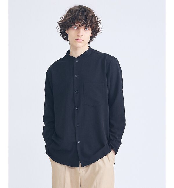 ABAHOUSE「デニムライク シャンブレー カラーレスシャツ / バンドカラーシャツ / 変形襟」|シャツ・ブラウス|ブラック