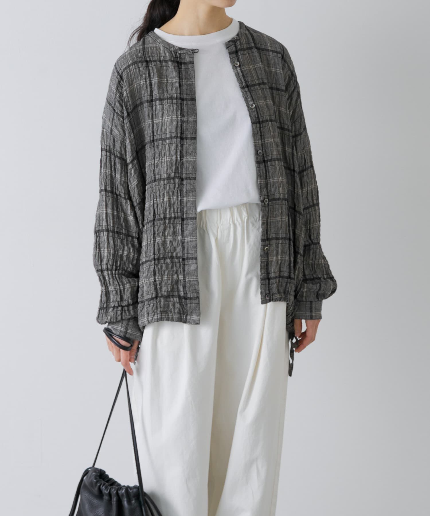 かぐれ「リネンレーヨンチェックシャツカーディガン」|シャツ・ブラウス|ブラック系その他