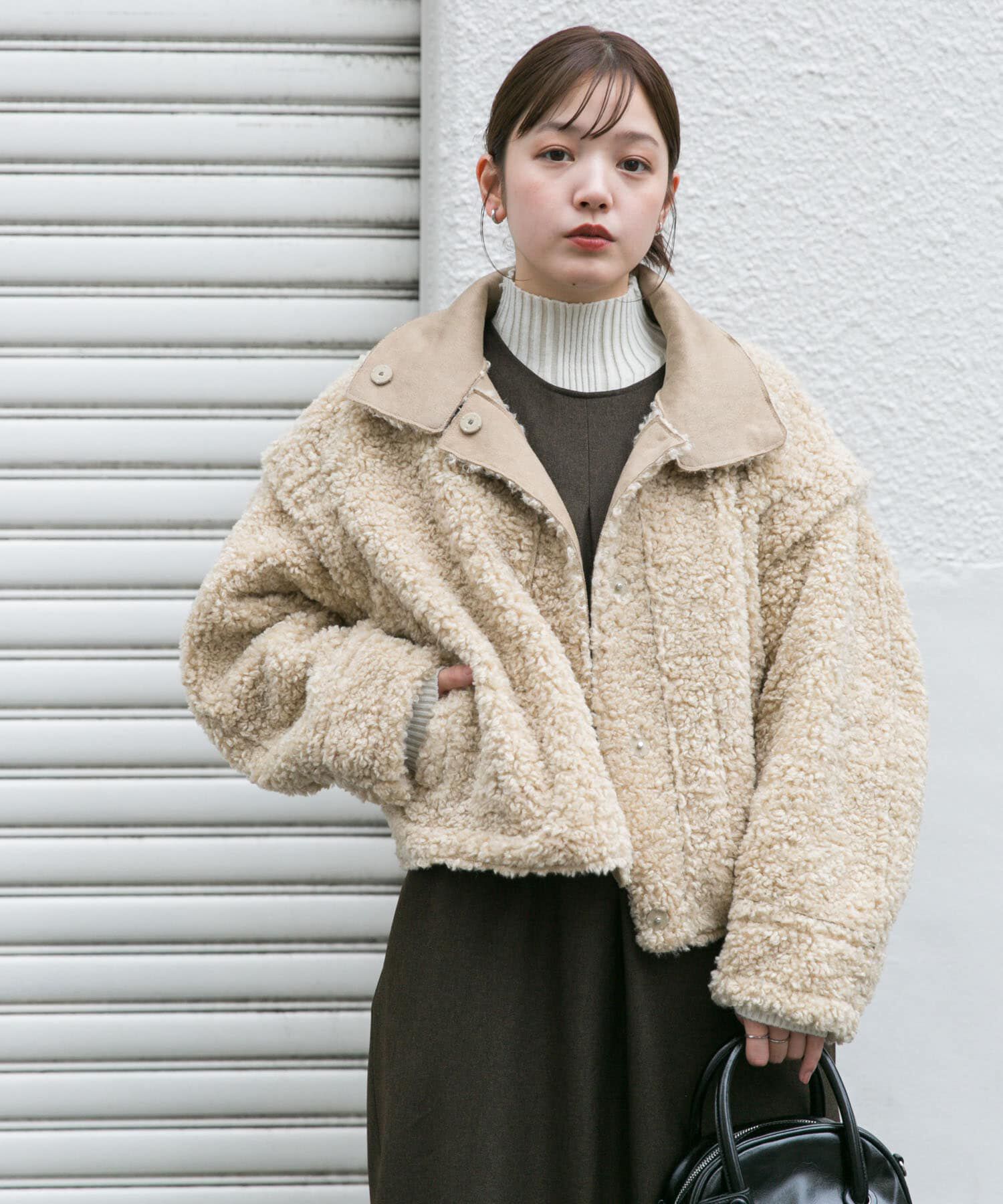  「マルチWAYボアジャケット」|ノーカラーコート|ベージュ