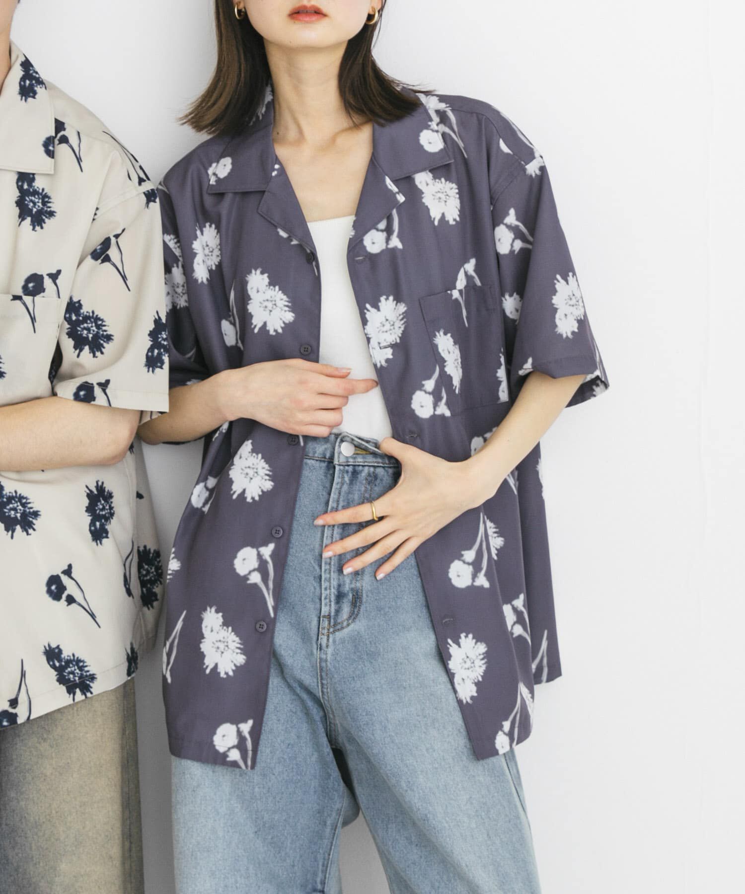 SENSE OF PLACE by URBAN RESEARCH「『ユニセックス』ボタニカルオープンカラーショートスリーブシャツ」|シャツ・ブラウス|チャコールグレー