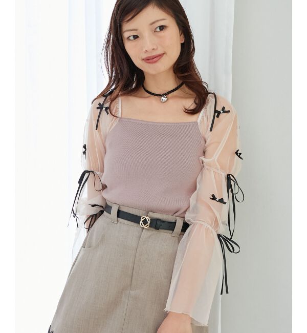 MAJESTICLEGON「チュールリボンスリーブニット」|ニット・セーター|ピンクベージュ