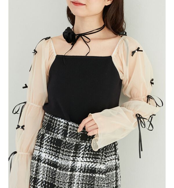 MAJESTICLEGON「チュールリボンスリーブニット」|ニット・セーター|ブラック