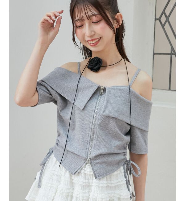 「オフショルダブルジップトップス」|Tシャツ・カットソー|グレー