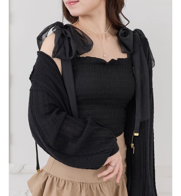  「カップ付肩リボンシャーリングキャミ」|キャミソール|