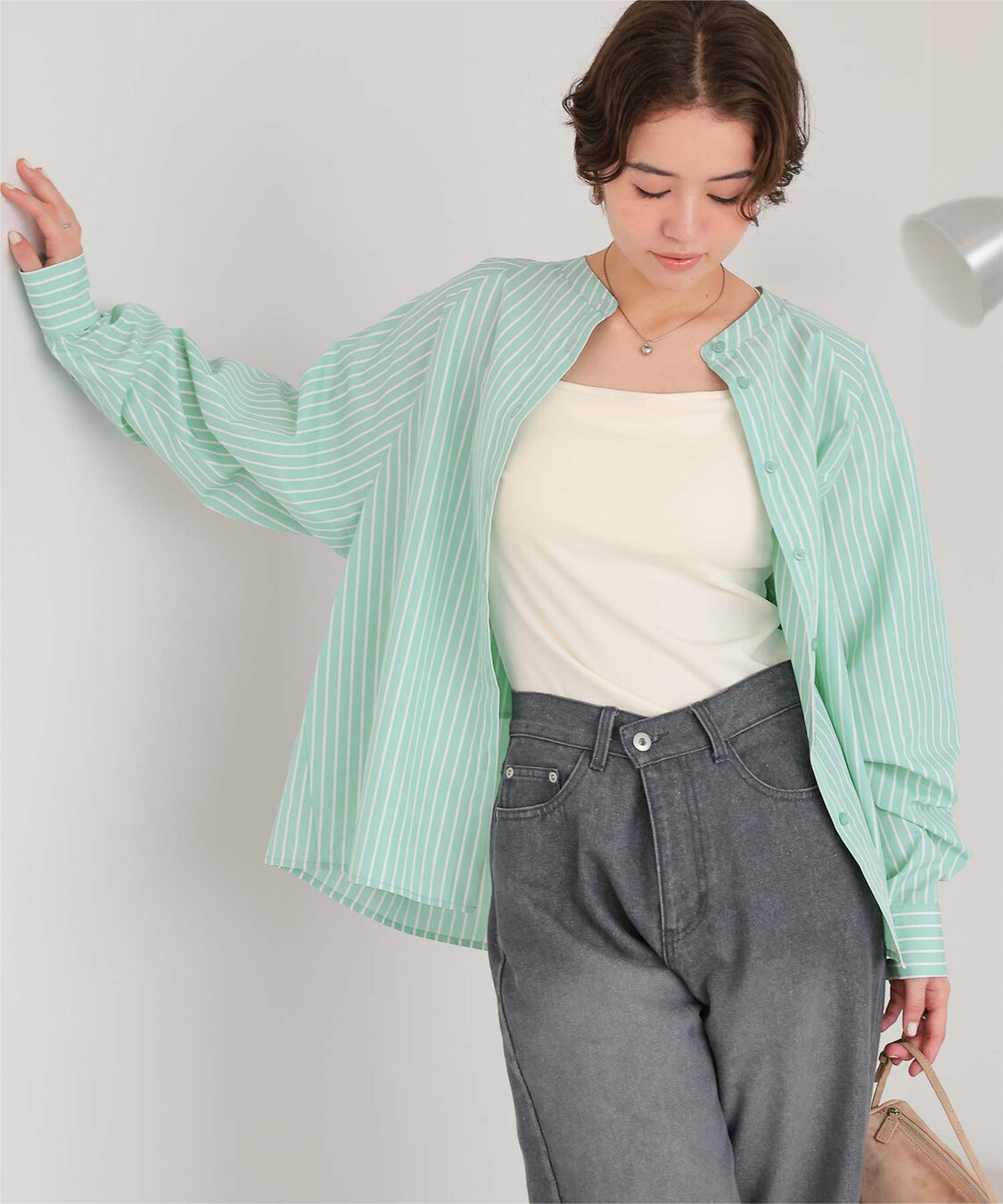 titivate「バックフリルバンドカラーシャツ」|シャツ・ブラウス|ストライプ/グリーン