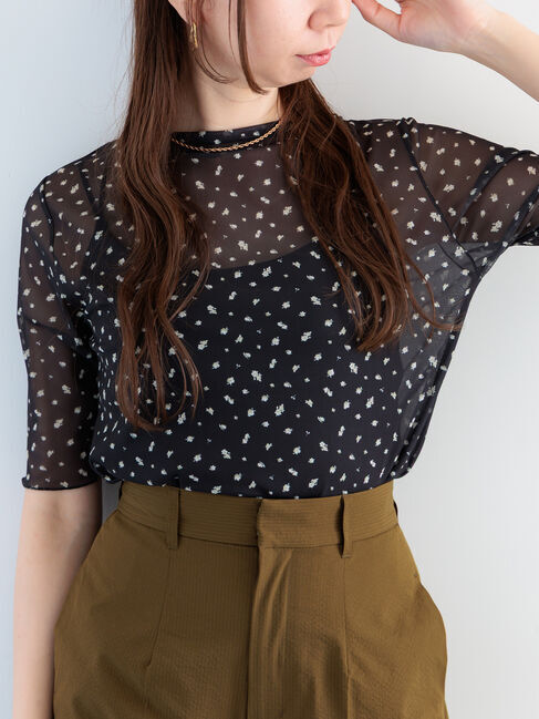 Te chichi「パターンアソート5分袖チュールTOPS」|Tシャツ・カットソー|ブラック
