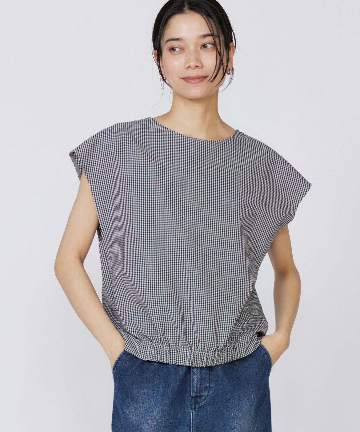 INED「《大きいサイズ》フレンチスリーブトップス」|シャツ・ブラウス|ギンガム