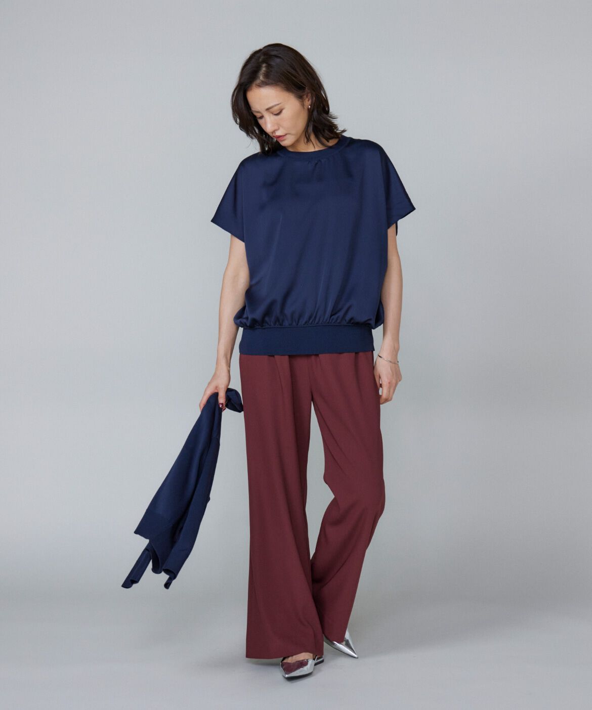 Le Souk「《大きいサイズ》シルキーライクフレンチスリーブニットプルオーバー」|ニット・セーター|