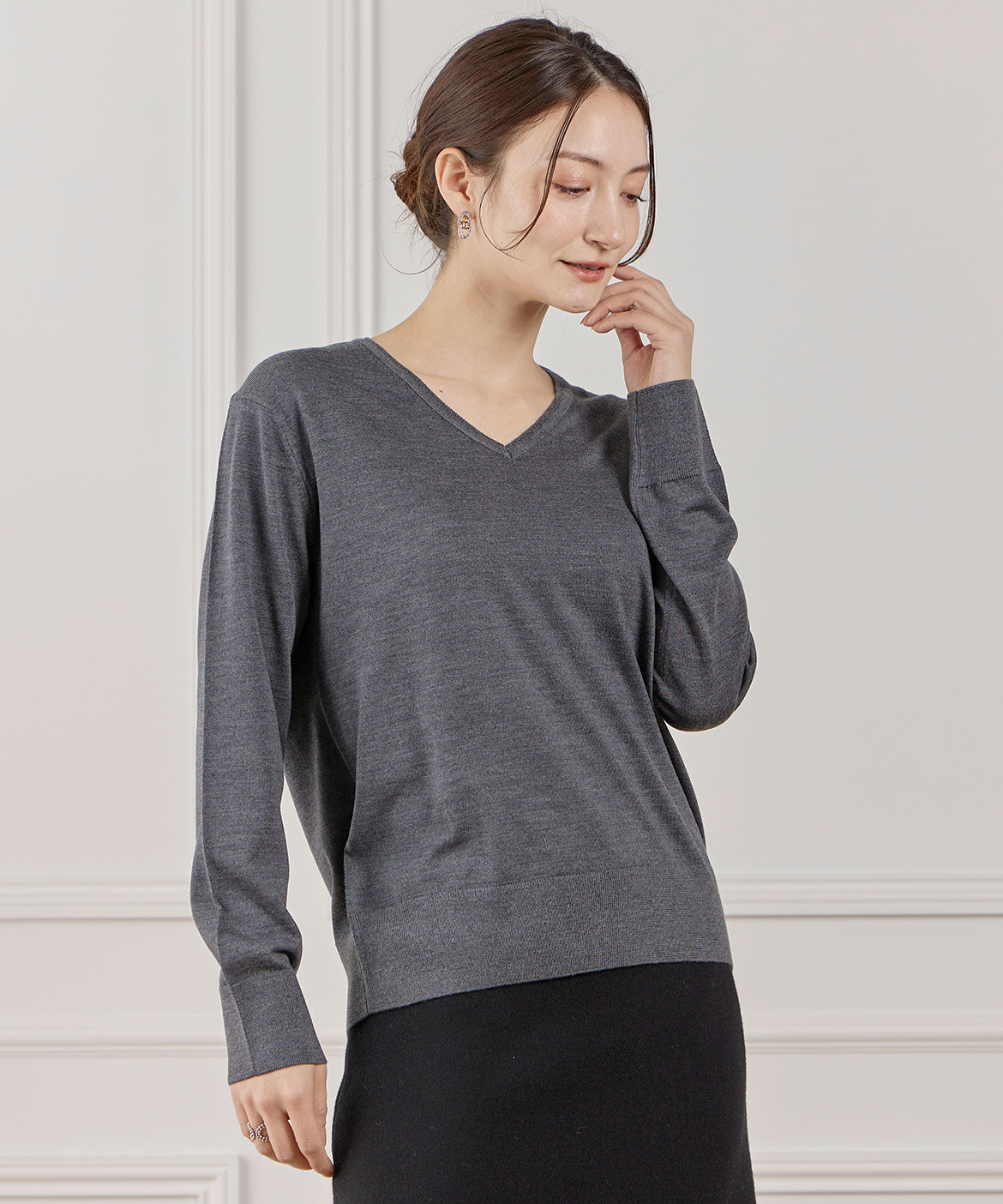 INED「FF30ゲージ Vネックニット」|ニット・セーター|チャコールグ 3