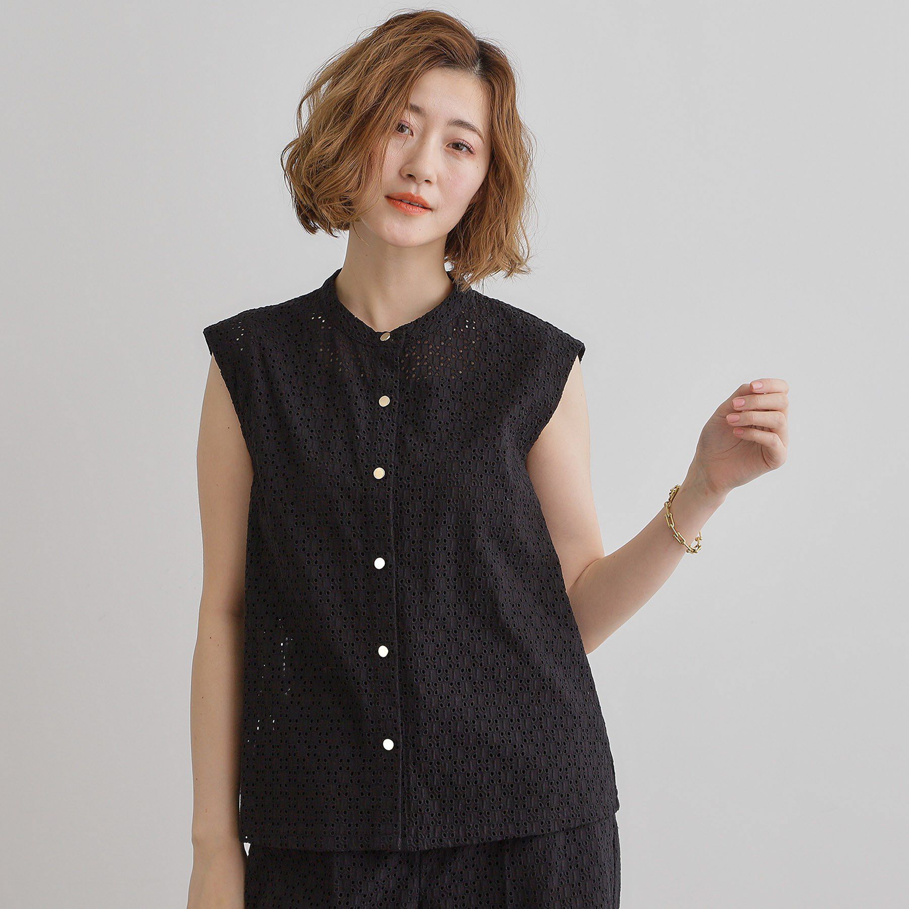 grove「繊細なレースで魅せるエンブロイダリーレースバンドカラーシャツ」|シャツ・ブラウス|