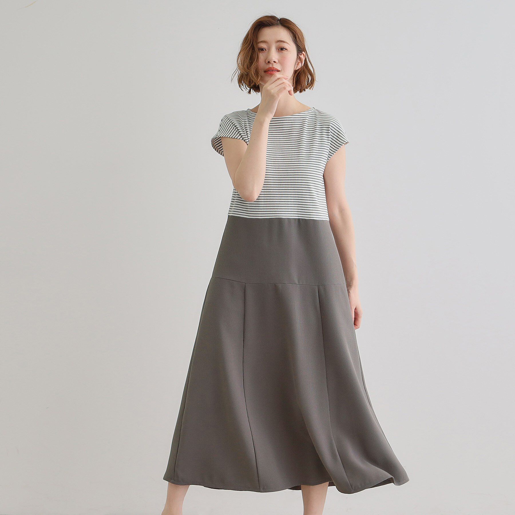 grove「美シルエットなドッキングフレア切替ワンピース」|ワンピース|オフ&times;グレー(350
