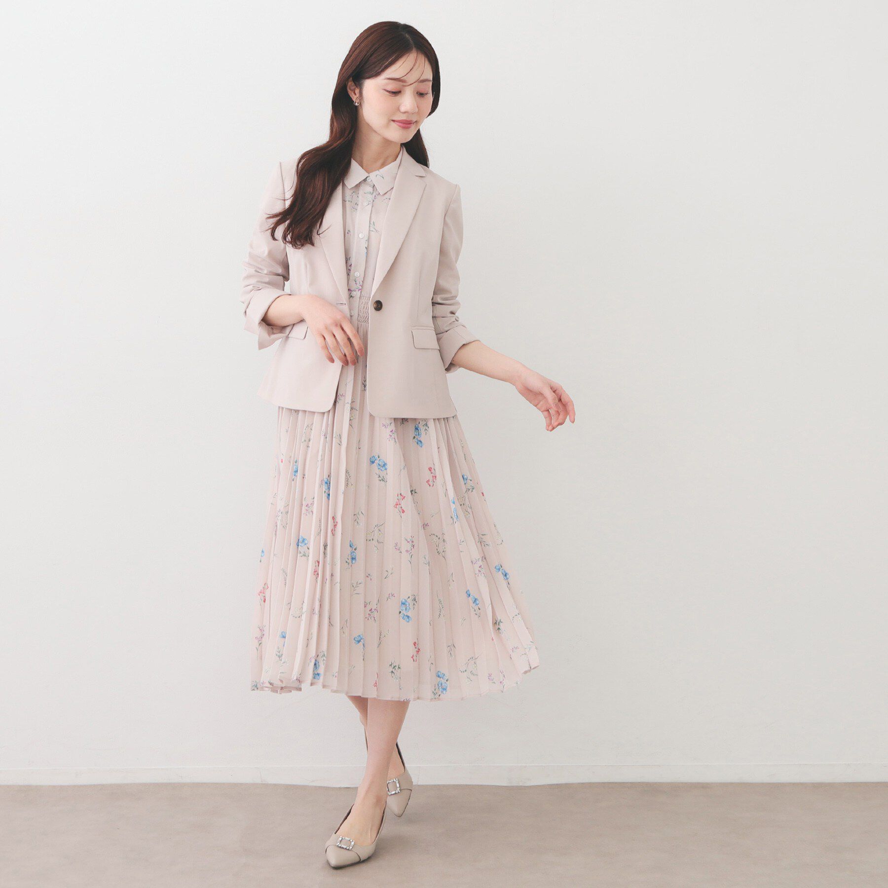 index「衿付き花柄プリーツフレアワンピース【洗濯機OK/イージーアイロン】」|ワンピース|