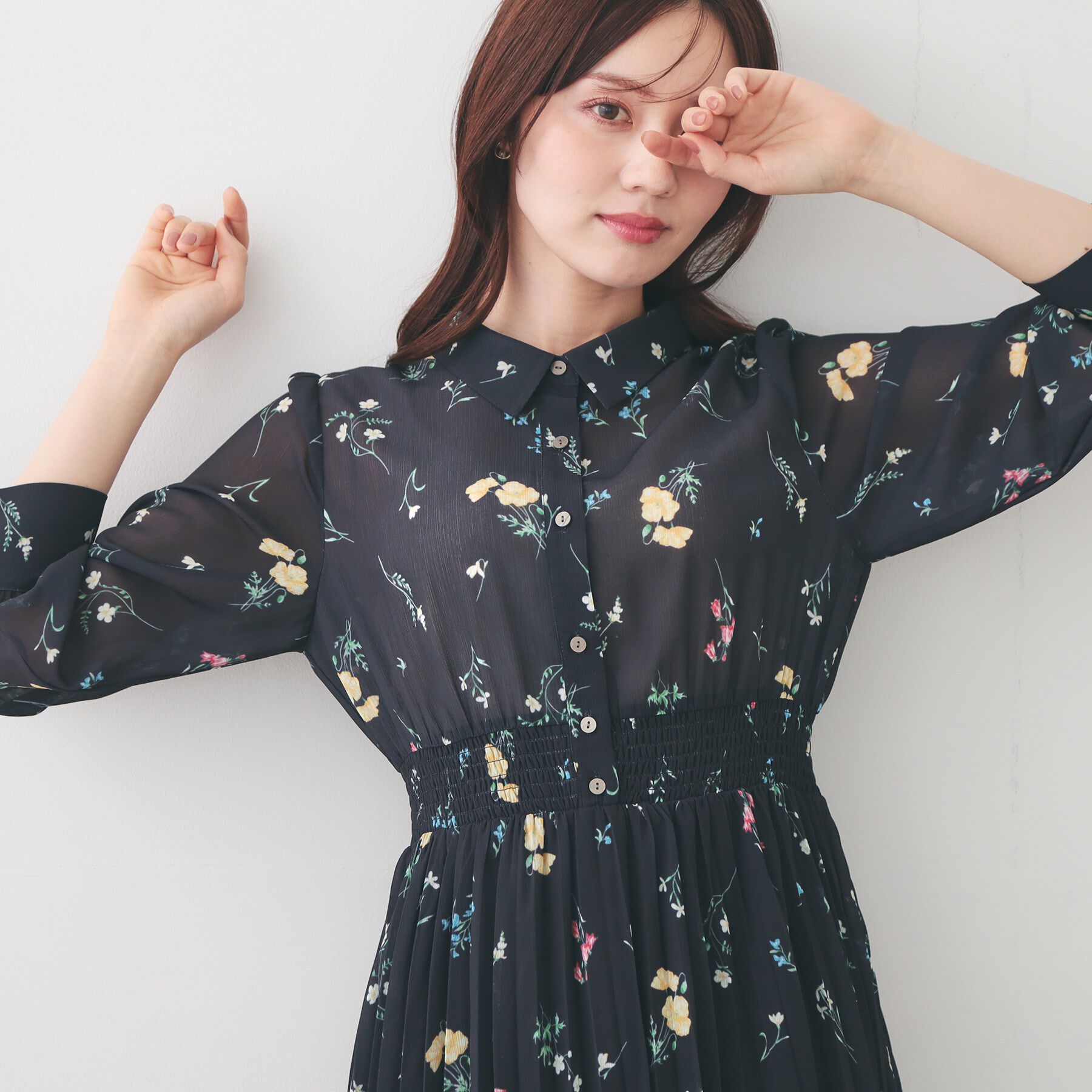 index「衿付き花柄プリーツフレアワンピース【洗濯機OK/イージーアイロン】」|ワンピース|