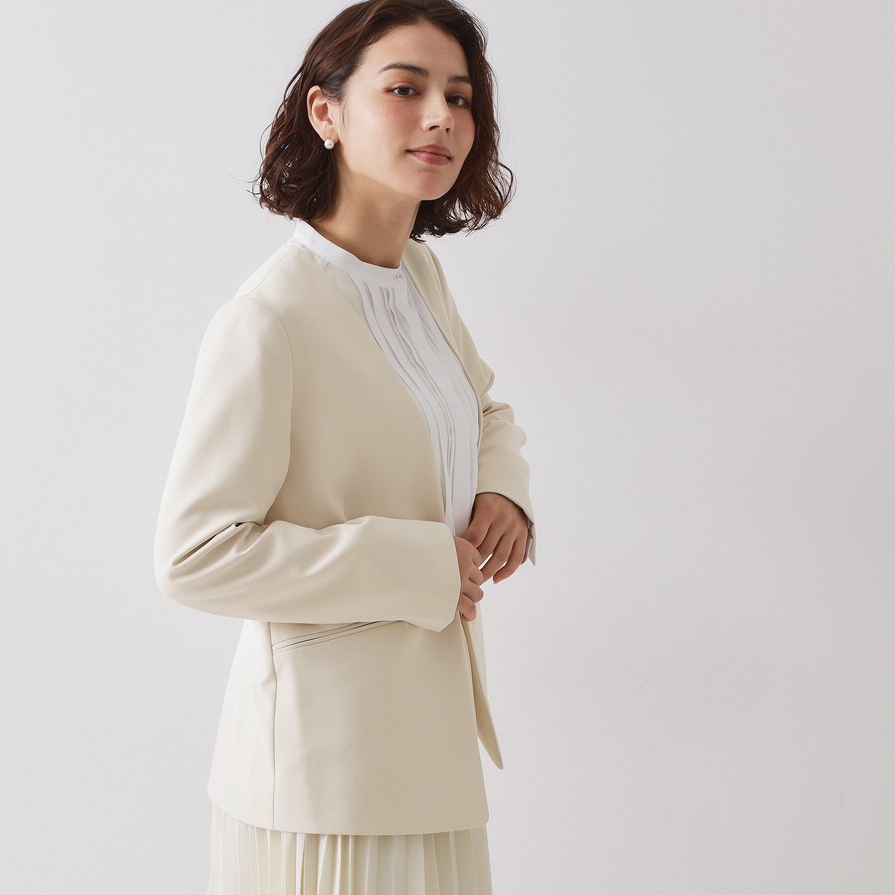 OPAQUE.CLIP「≪通勤・セレモニー/セットアップ対応≫ Vネックジャケット/ダブルクロス【洗濯機OK】」|ノーカラージャケット|