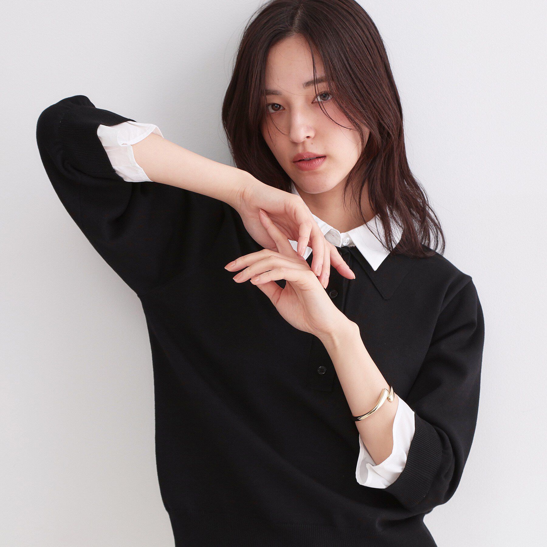 OPAQUE.CLIP「シャツレイヤード風ポロニット【洗濯機OK】」|ニット・セーター|ブラック(019)