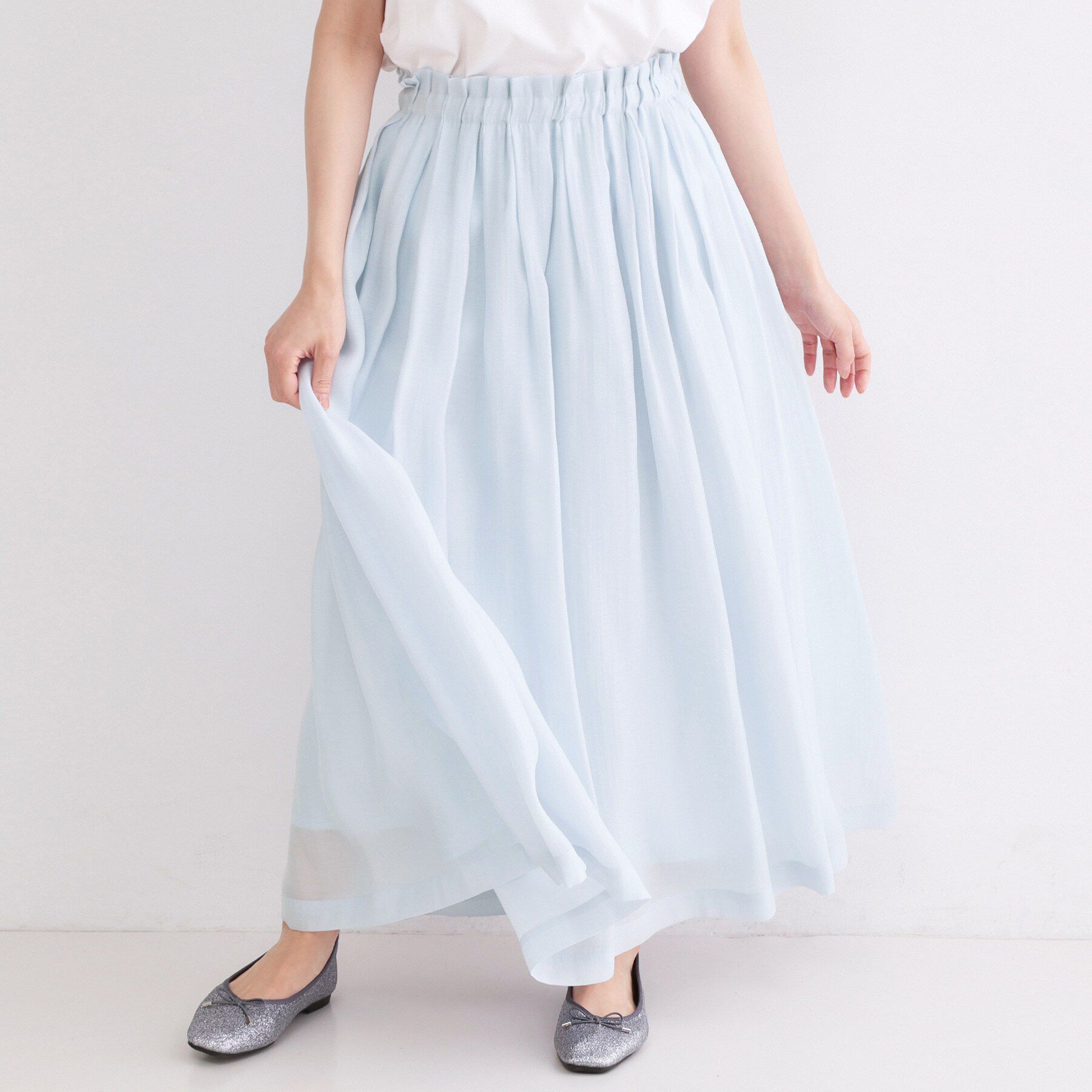 OPAQUE.CLIP「シャイニーオーガンジー タックフレアスカート」|スカート|サックスブルー(09