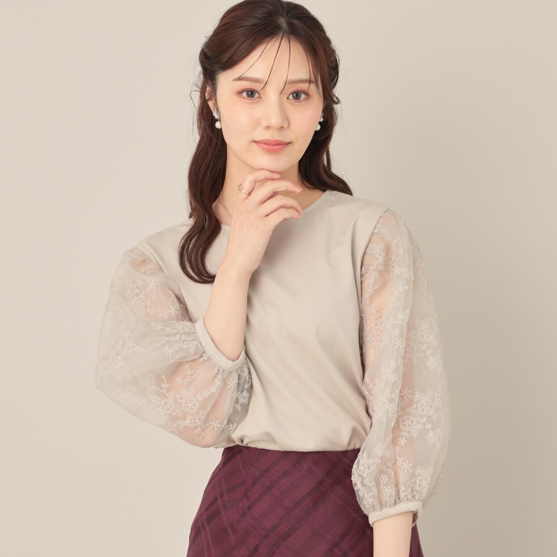 Couture broach「【接触冷感・UVカット・マシンウォッシャブル】袖レースドッキングカットソー」|Tシャツ・カットソー|