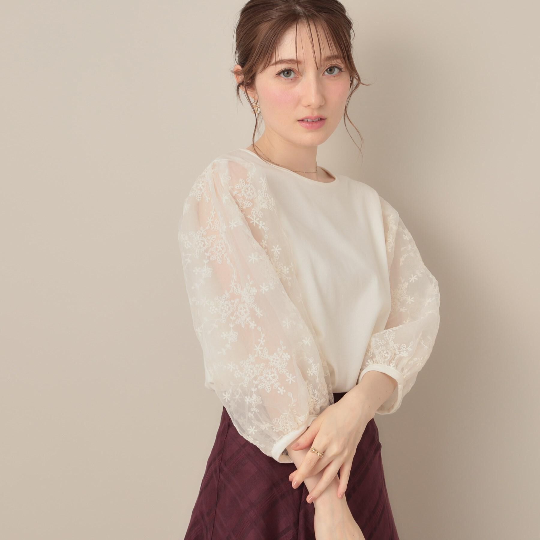 Couture broach「【接触冷感・UVカット・マシンウォッシャブル】袖レースドッキングカットソー」|Tシャツ・カットソー|