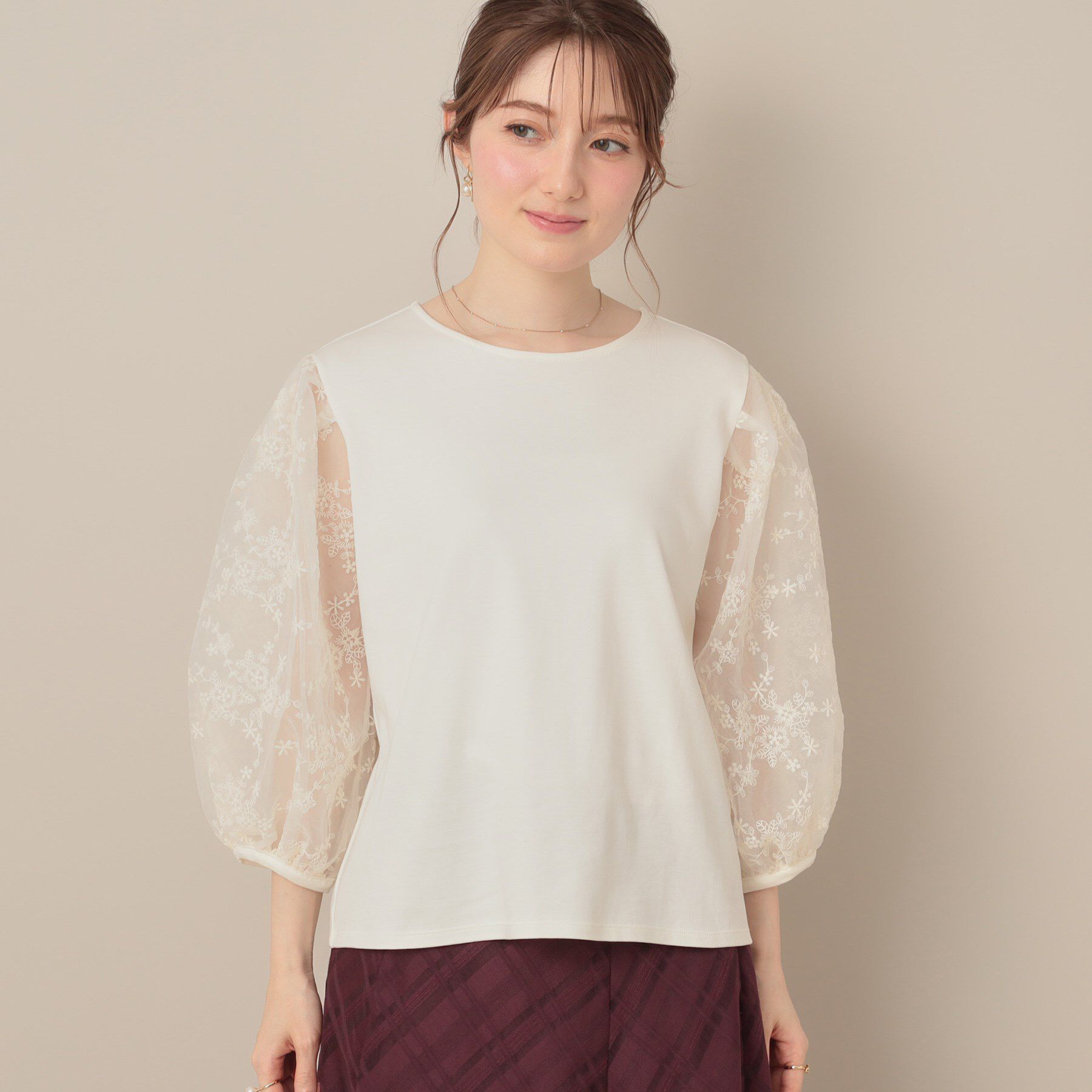 Couture broach「【接触冷感・UVカット・マシンウォッシャブル】袖レースドッキングカットソー」|Tシャツ・カットソー|